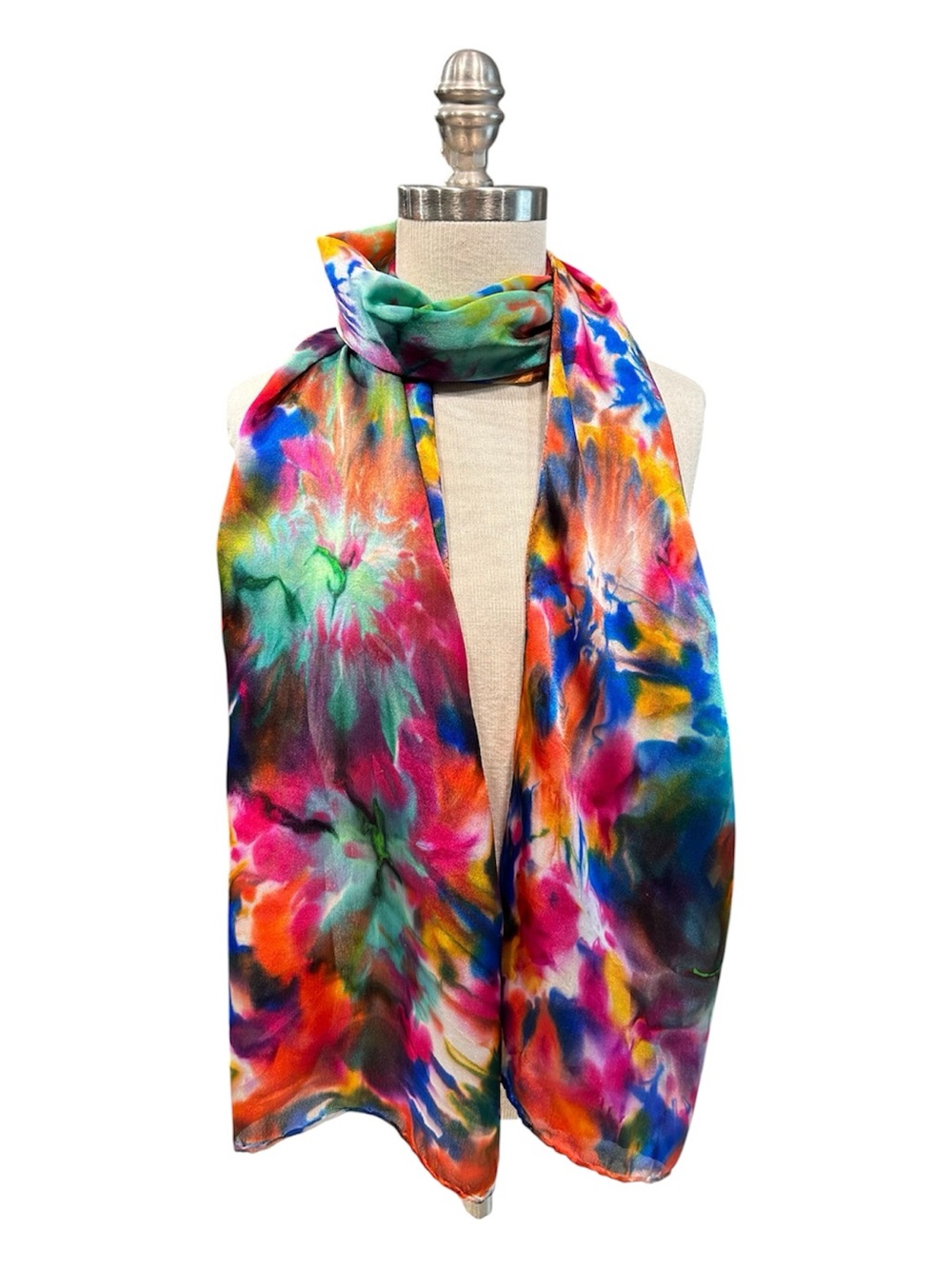 Hand Dyed Blue, Marigold, Orange, Fuchsia, Green Silk Scarf NWT